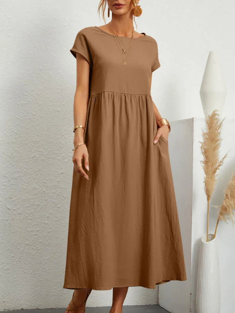 Cordelia Ashvale | White Pocketed Midi Dress with Round Neck
