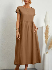 Cordelia Ashvale | White Pocketed Midi Dress with Round Neck