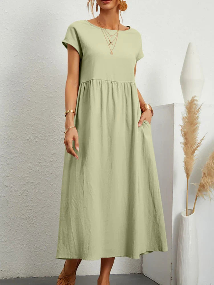 Cordelia Ashvale | White Pocketed Midi Dress with Round Neck