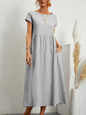 Cordelia Ashvale | White Pocketed Midi Dress with Round Neck