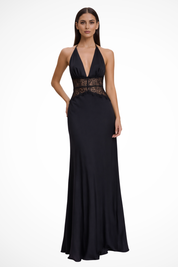 Seraphine Voclaire | Black Lace Waist Halter Maxi Dress