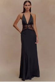 Seraphine Voclaire | Black Lace Waist Halter Maxi Dress
