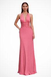 Seraphine Voclaire | Black Lace Waist Halter Maxi Dress