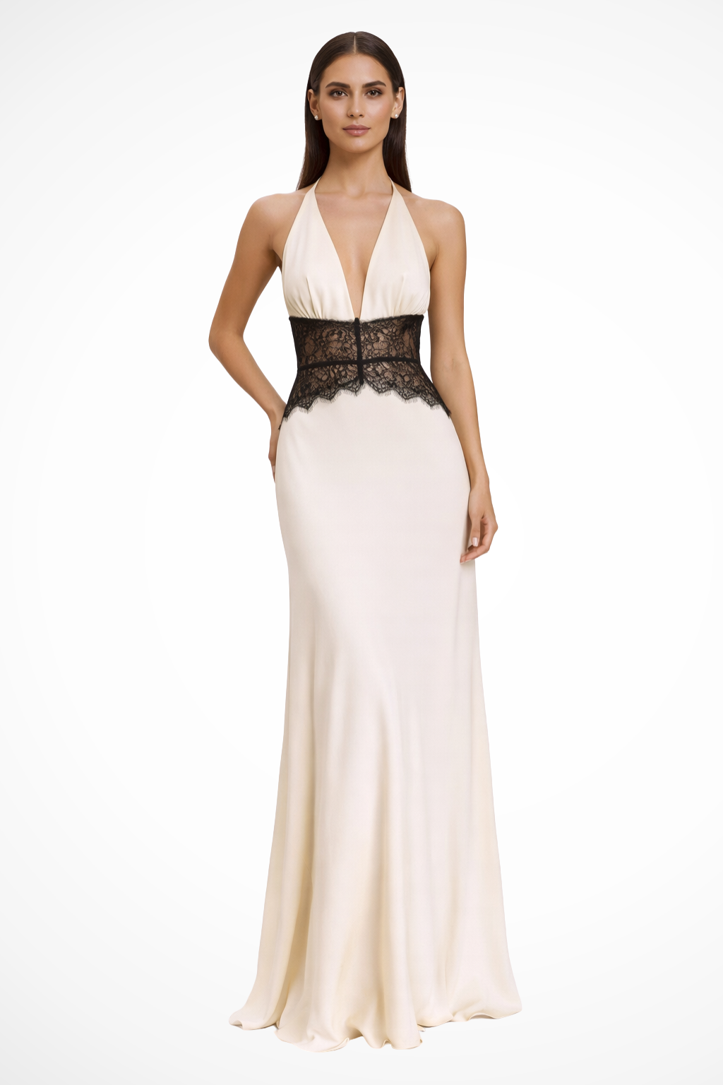 Seraphine Voclaire | Black Lace Waist Halter Maxi Dress