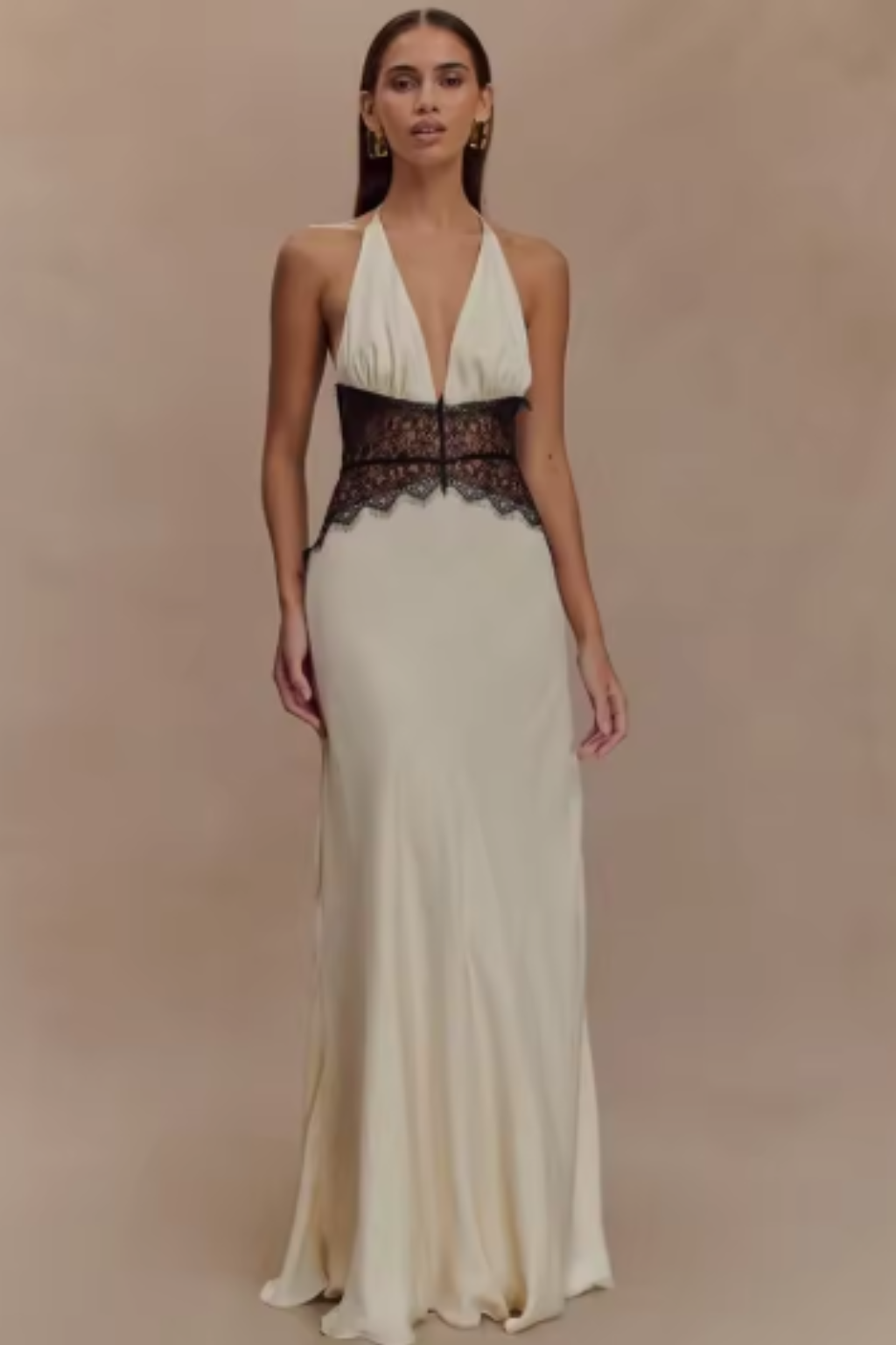 Seraphine Voclaire | Black Lace Waist Halter Maxi Dress