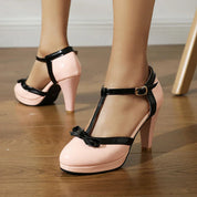 Celestine Marlowe | Pink T-Strap Platform Heels with Bow
