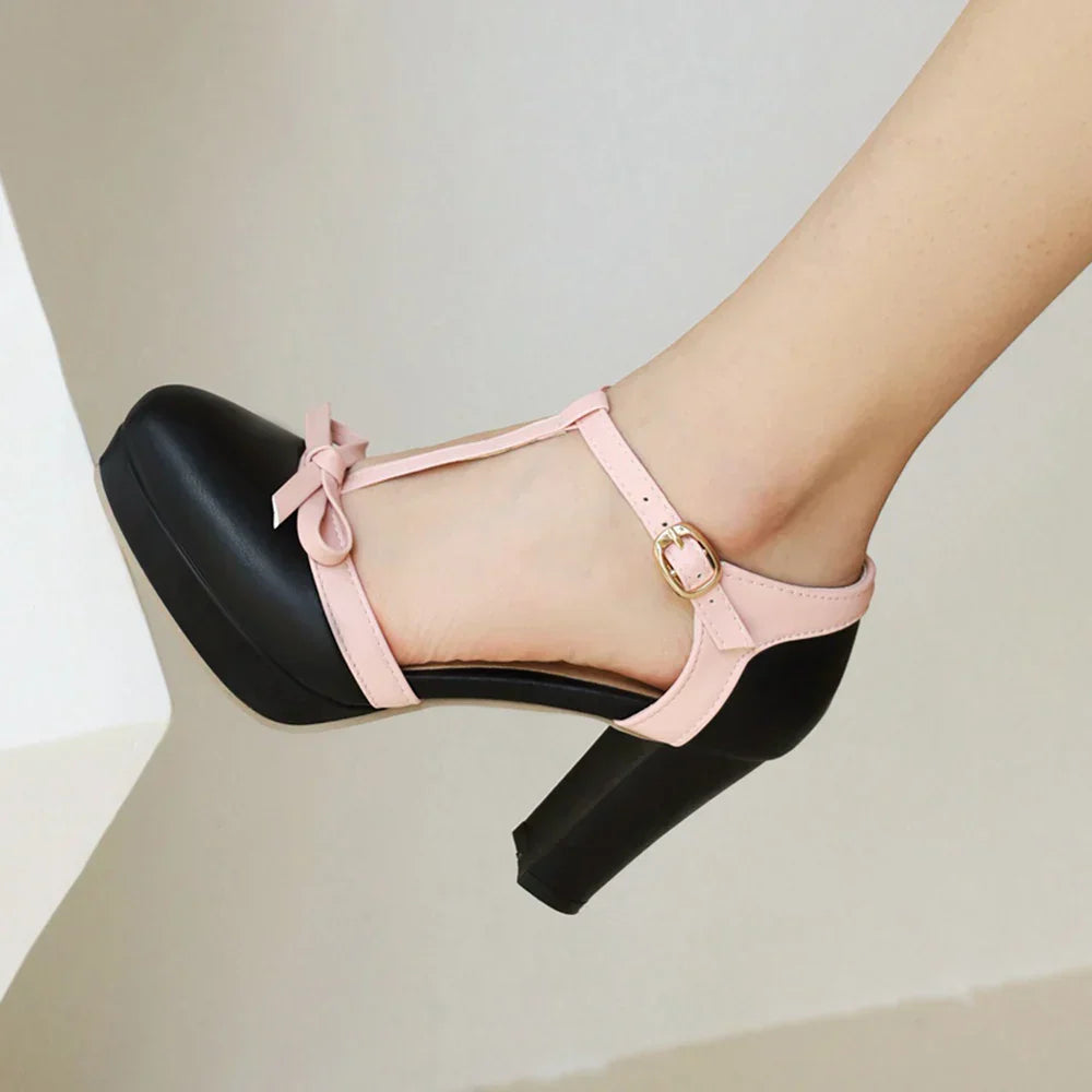 Celestine Marlowe | Pink T-Strap Platform Heels with Bow