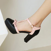 Celestine Marlowe | Pink T-Strap Platform Heels with Bow