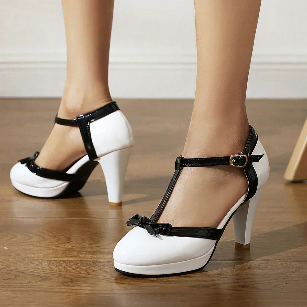 Celestine Marlowe | Pink T-Strap Platform Heels with Bow