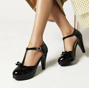 Celestine Marlowe | Pink T-Strap Platform Heels with Bow
