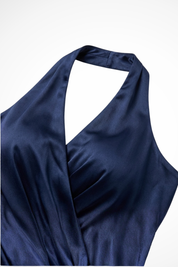 Annalise Vaudreuil | Navy Satin Halter Neck Maxi Dress
