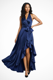 Annalise Vaudreuil | Navy Satin Halter Neck Maxi Dress