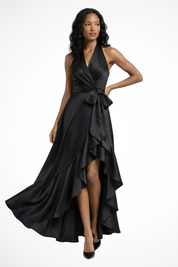 Annalise Vaudreuil | Navy Satin Halter Neck Maxi Dress