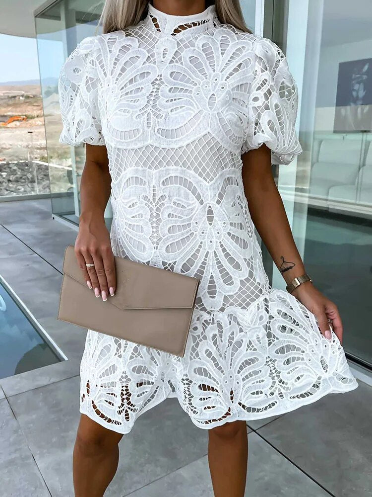 Clarisse Beauvane | White Lace Mock-Neck Mini Dress