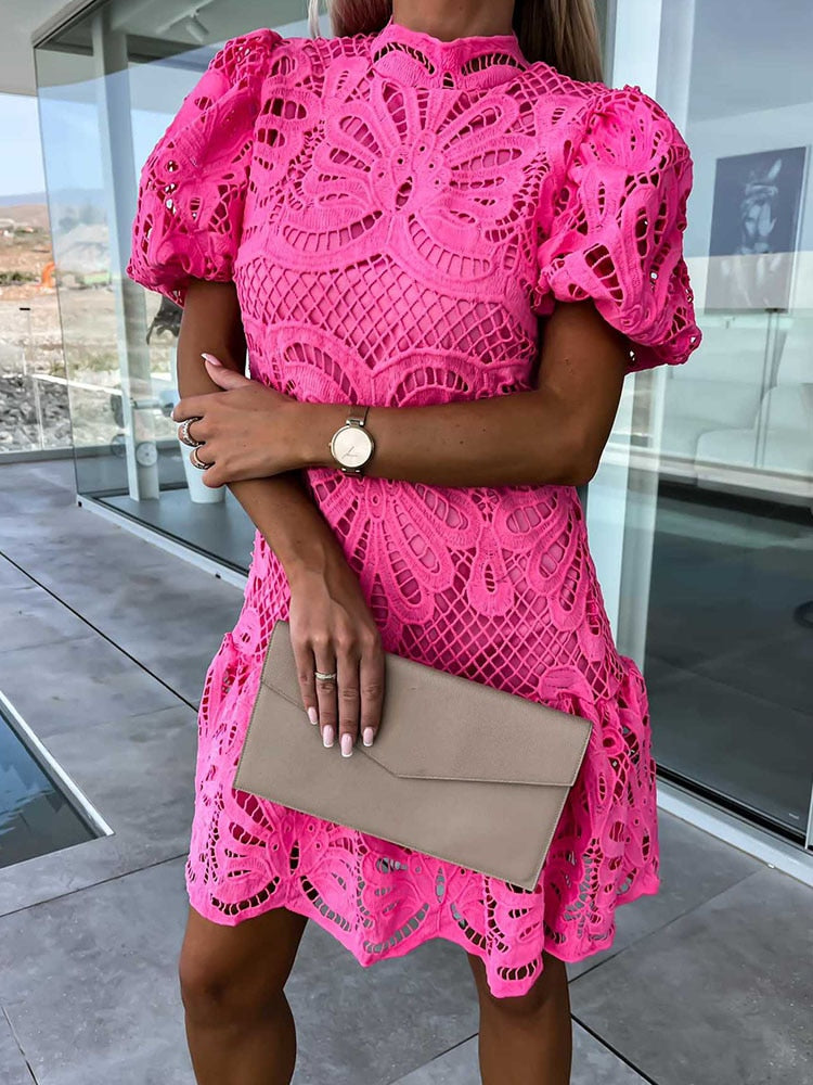 Clarisse Beauvane | White Lace Mock-Neck Mini Dress