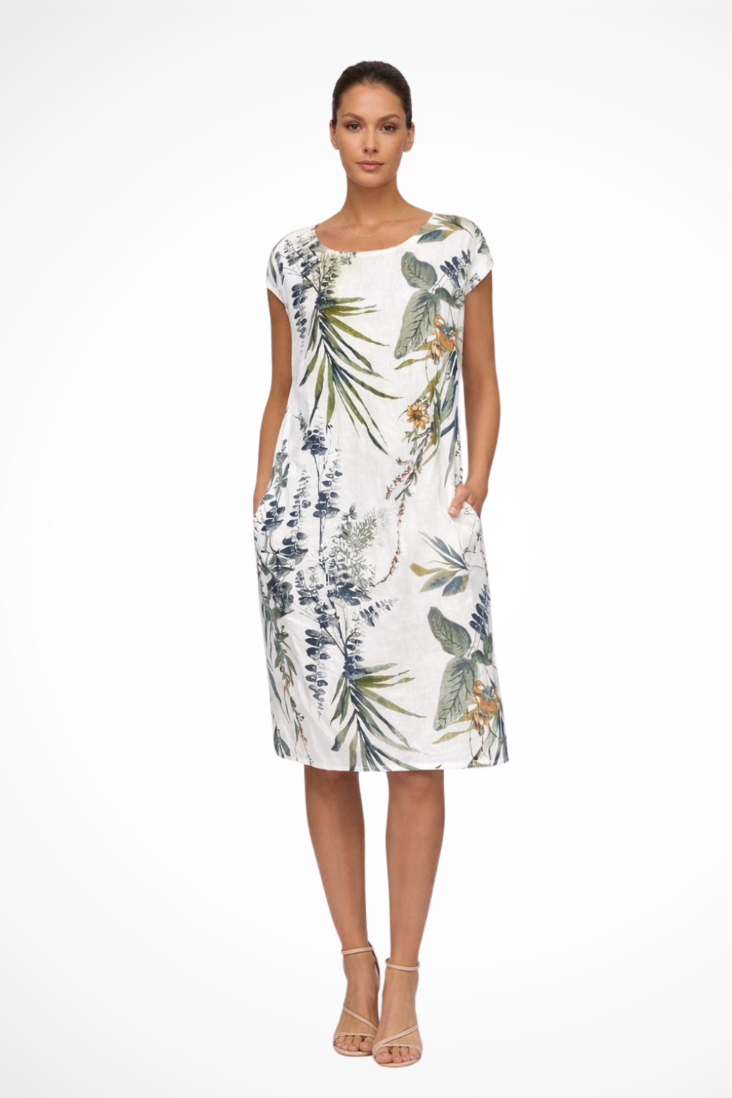 Elara Vossmont | Tropical Floral Midi Dress in Linen Blend
