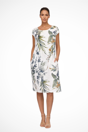 Elara Vossmont | Tropical Floral Midi Dress in Linen Blend