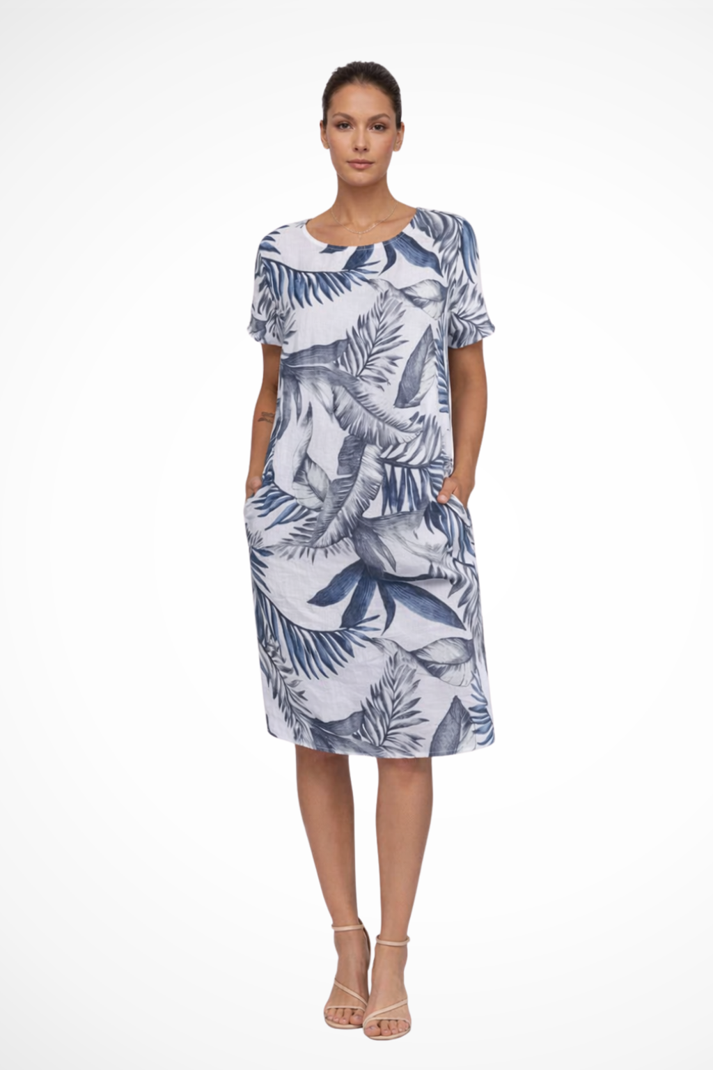 Elara Vossmont | Tropical Floral Midi Dress in Linen Blend