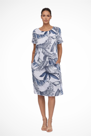 Elara Vossmont | Tropical Floral Midi Dress in Linen Blend