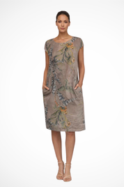 Elara Vossmont | Tropical Floral Midi Dress in Linen Blend
