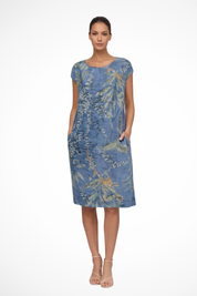 Elara Vossmont | Tropical Floral Midi Dress in Linen Blend
