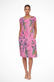 Elara Vossmont | Tropical Floral Midi Dress in Linen Blend