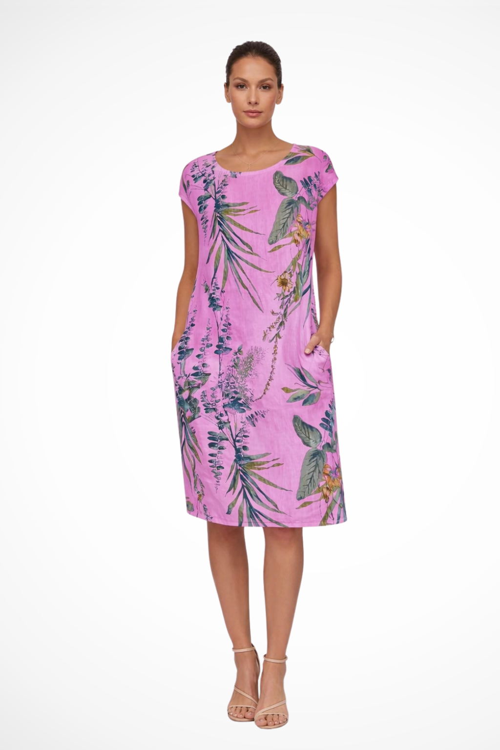 Elara Vossmont | Tropical Floral Midi Dress in Linen Blend