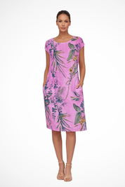 Elara Vossmont | Tropical Floral Midi Dress in Linen Blend