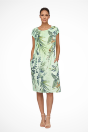 Elara Vossmont | Tropical Floral Midi Dress in Linen Blend