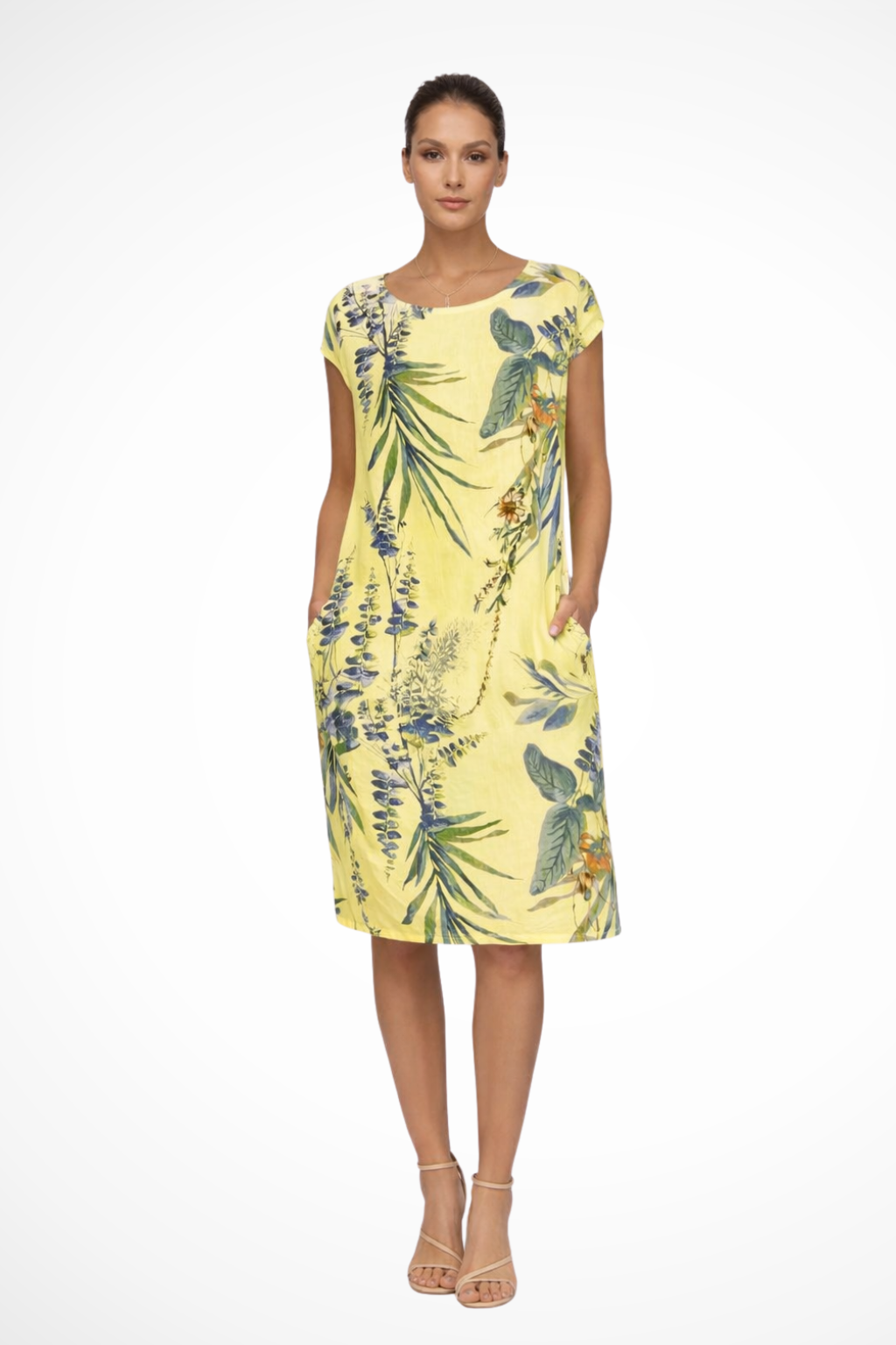 Elara Vossmont | Tropical Floral Midi Dress in Linen Blend