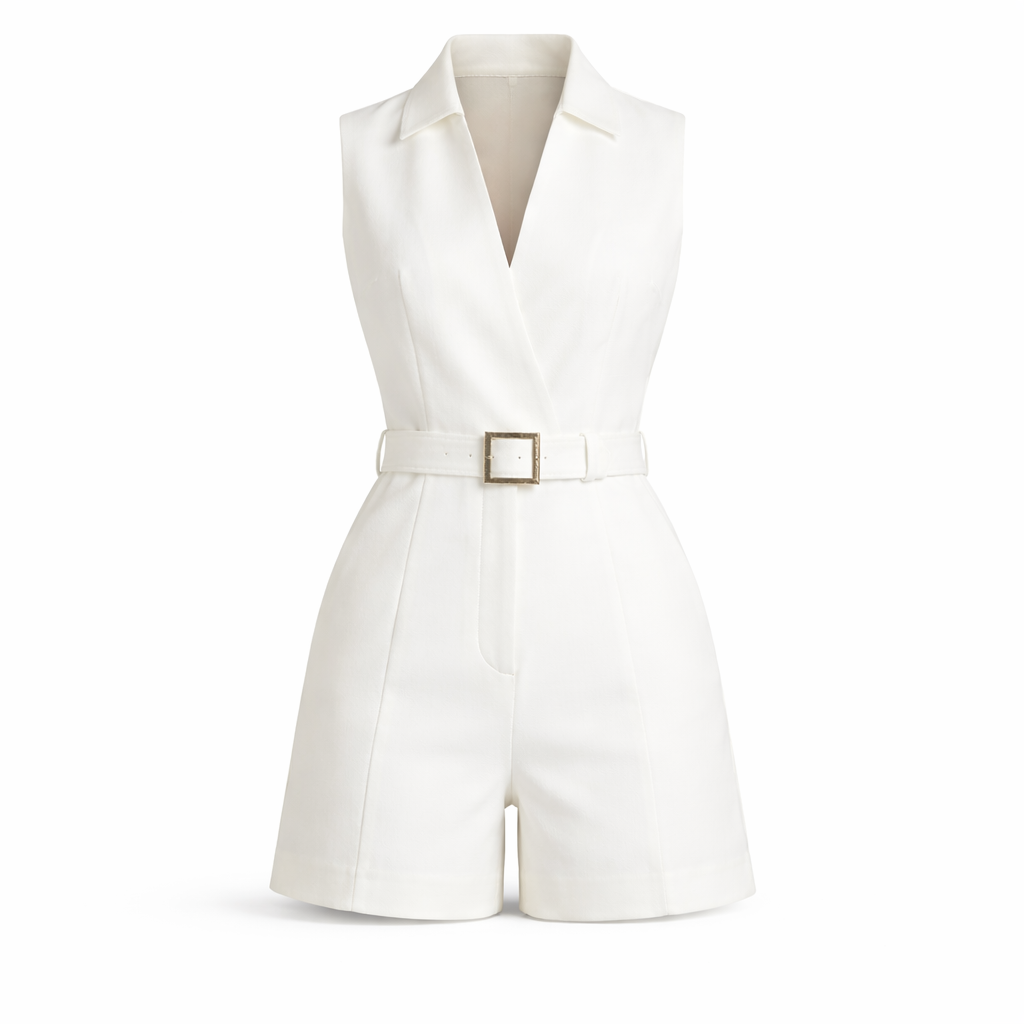 Ivy Waverly | Belted Sleeveless White Romper