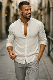 Luca Moretti | Linen Collarless Shirt For Men
