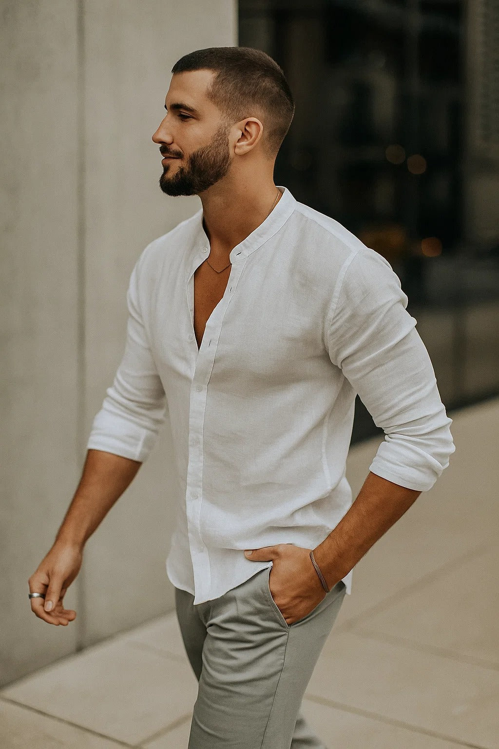 Luca Moretti | Linen Collarless Shirt For Men