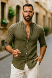 Luca Moretti | Linen Collarless Shirt For Men