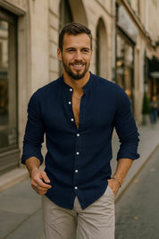 Luca Moretti | Linen Collarless Shirt For Men