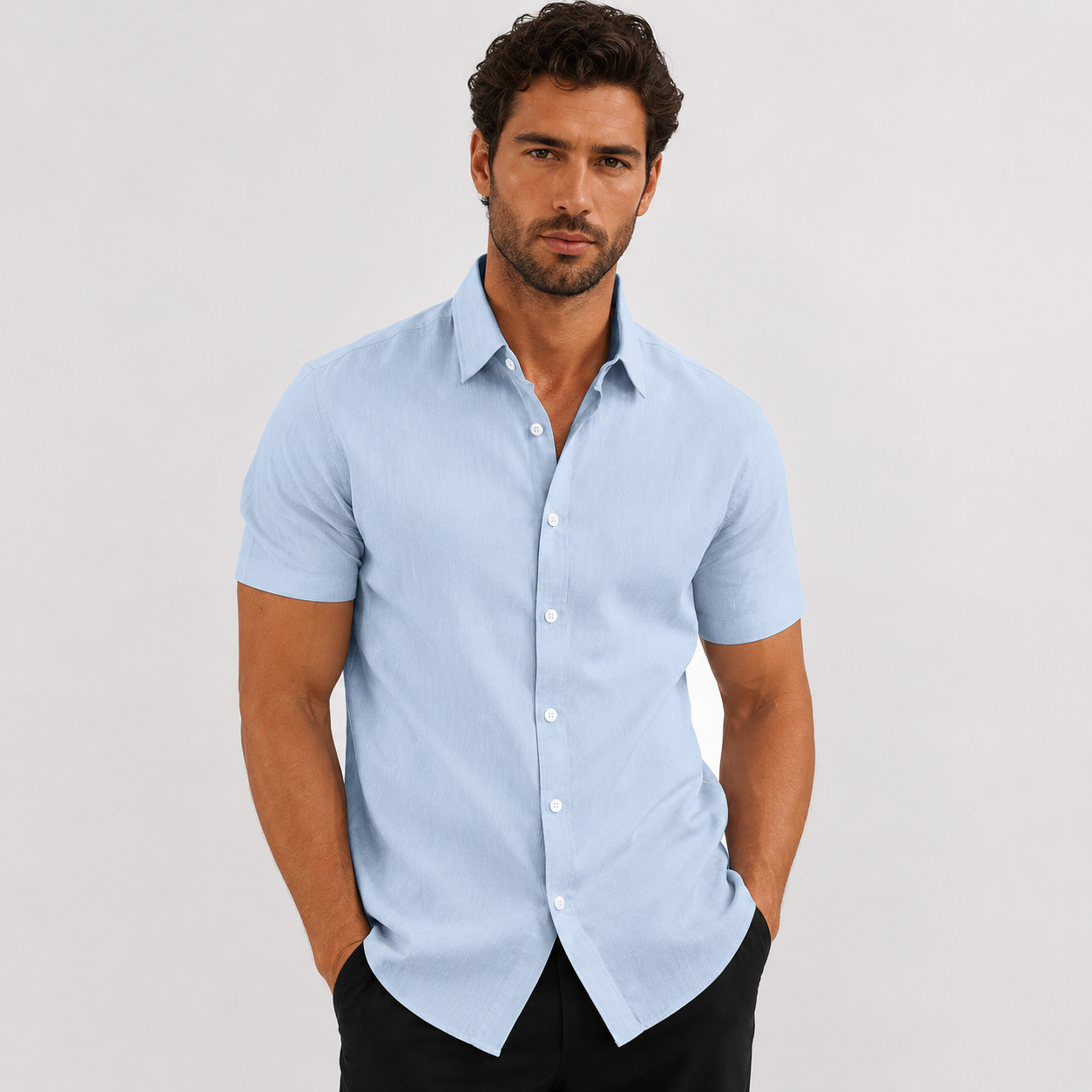 Bastian Lefèvre | Light Blue Linen Short Sleeve Shirt for Men