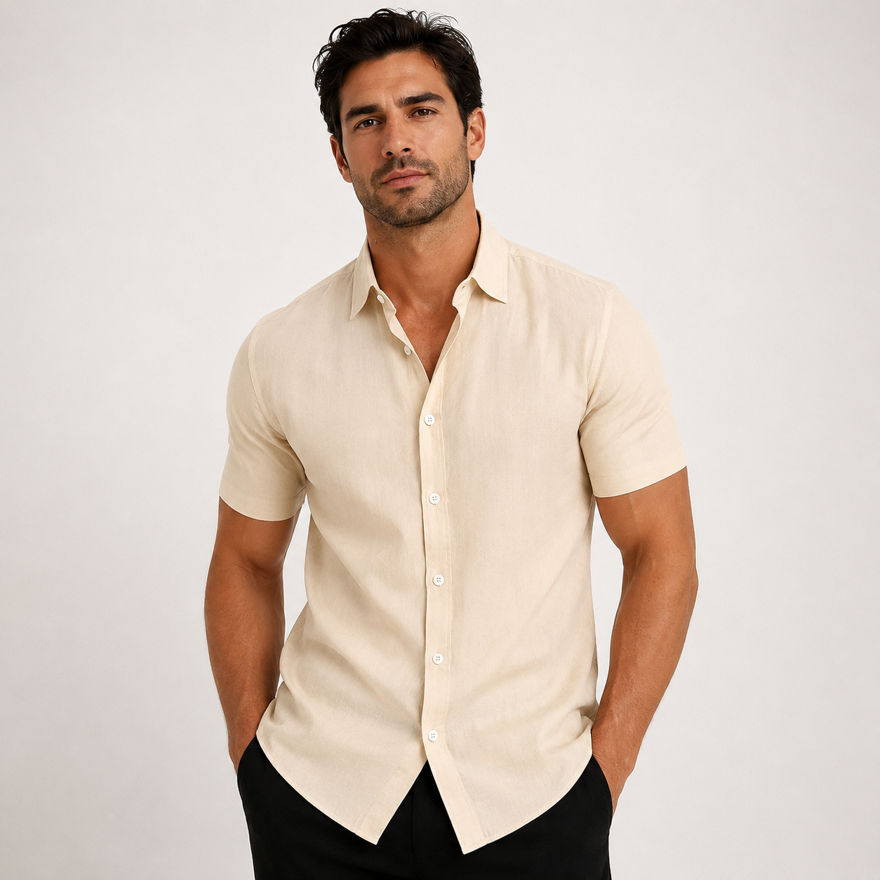 Bastian Lefèvre | Light Blue Linen Short Sleeve Shirt for Men