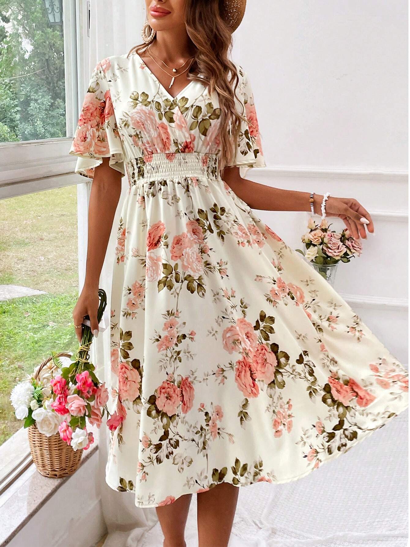 Adrienne Voclaire | Floral Midi Dress with Smocked Waist