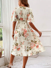 Adrienne Voclaire | Floral Midi Dress with Smocked Waist