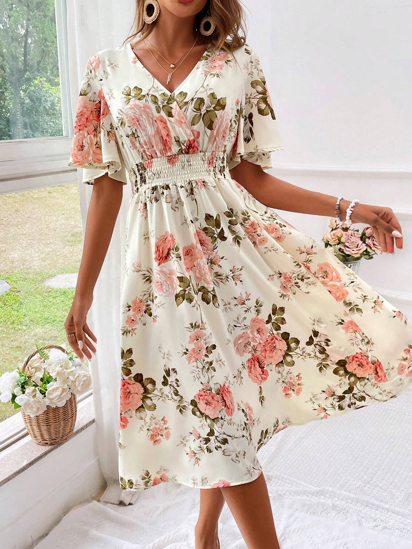 Adrienne Voclaire | Floral Midi Dress with Smocked Waist