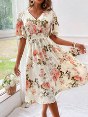 Adrienne Voclaire | Floral Midi Dress with Smocked Waist
