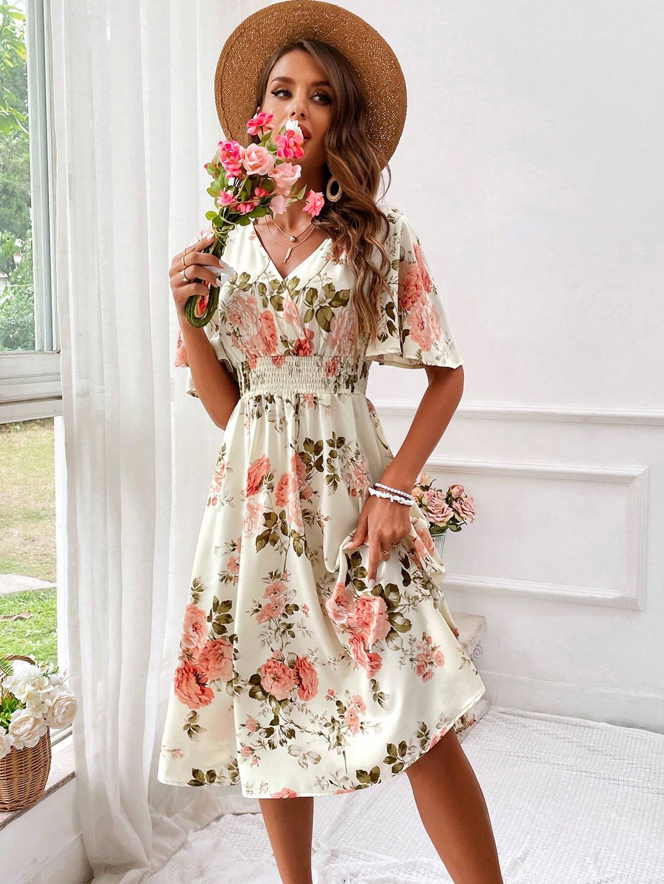 Adrienne Voclaire | Floral Midi Dress with Smocked Waist