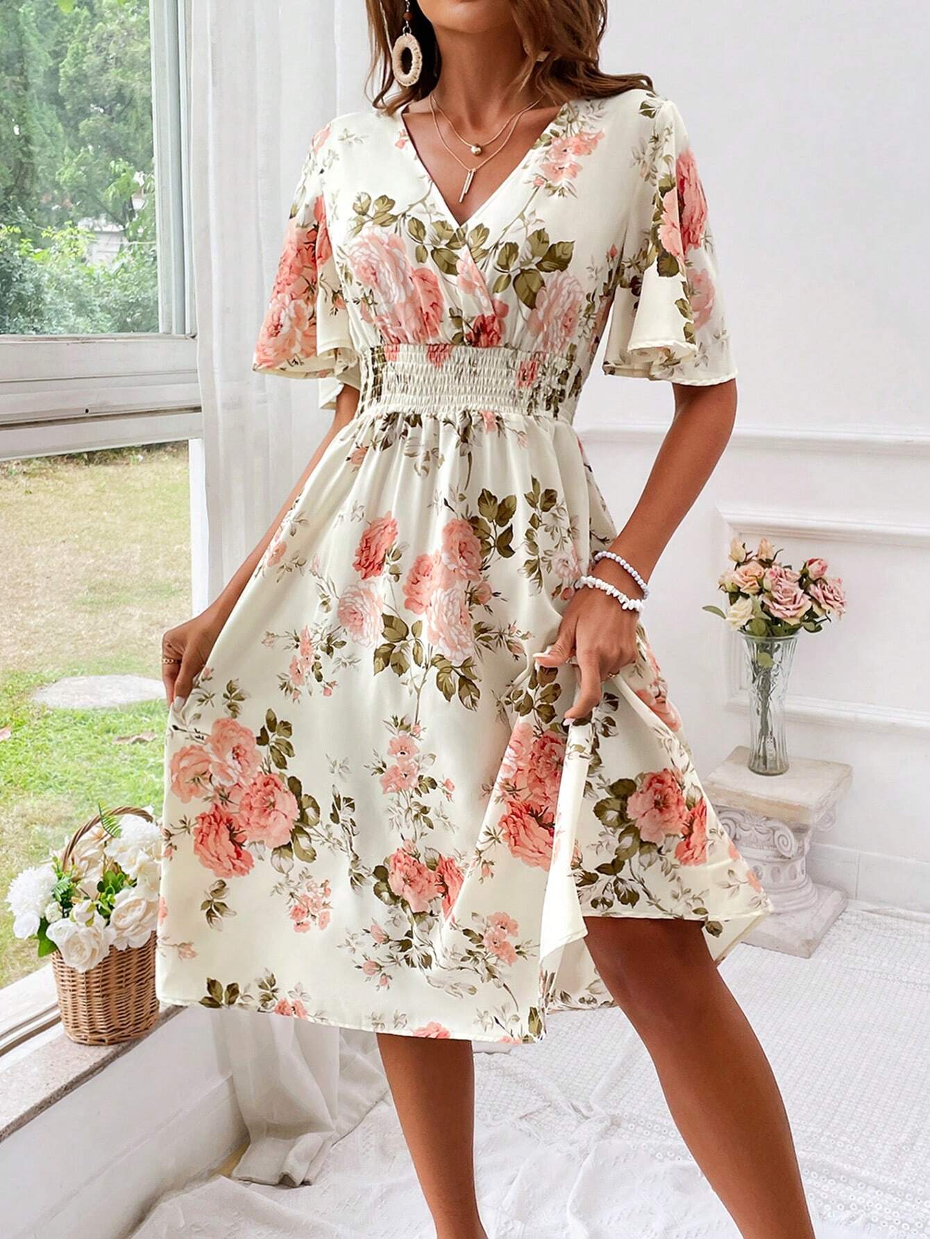 Adrienne Voclaire | Floral Midi Dress with Smocked Waist