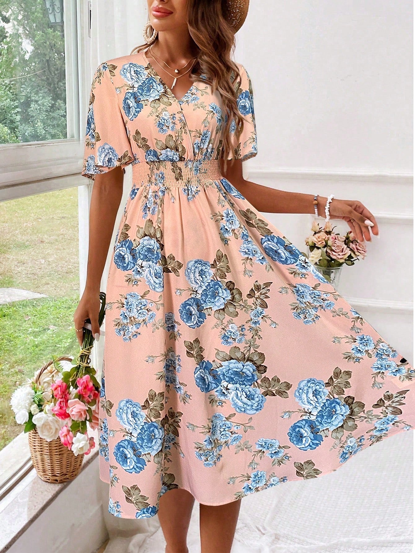 Adrienne Voclaire | Floral Midi Dress with Smocked Waist