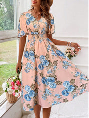 Adrienne Voclaire | Floral Midi Dress with Smocked Waist