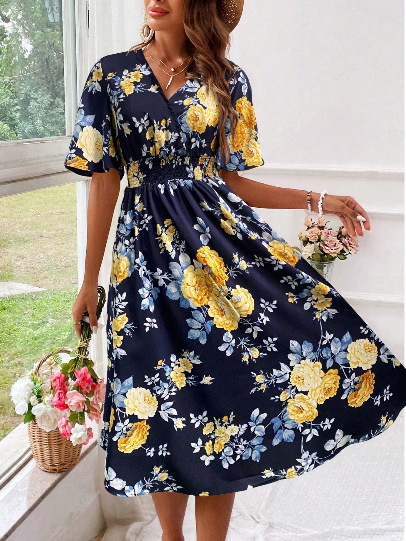 Adrienne Voclaire | Floral Midi Dress with Smocked Waist