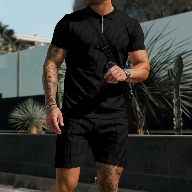 Alessandro Moretti | Textured Zip Polo Short Set For Men