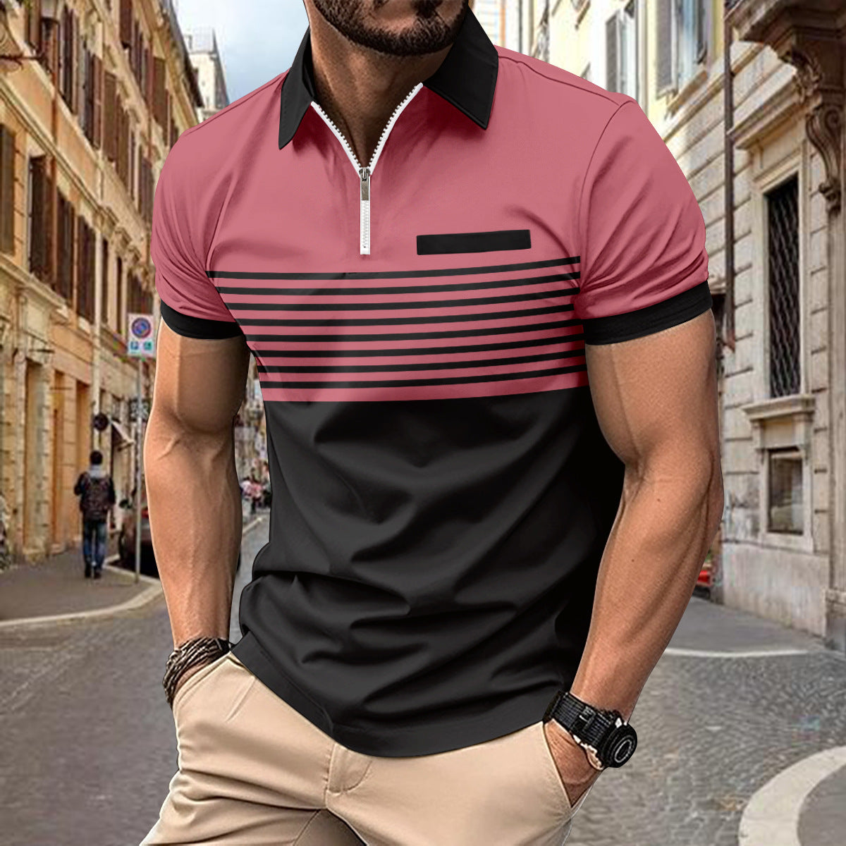 Giovanni Moretti | Striped Zip Polo Shirt For Men