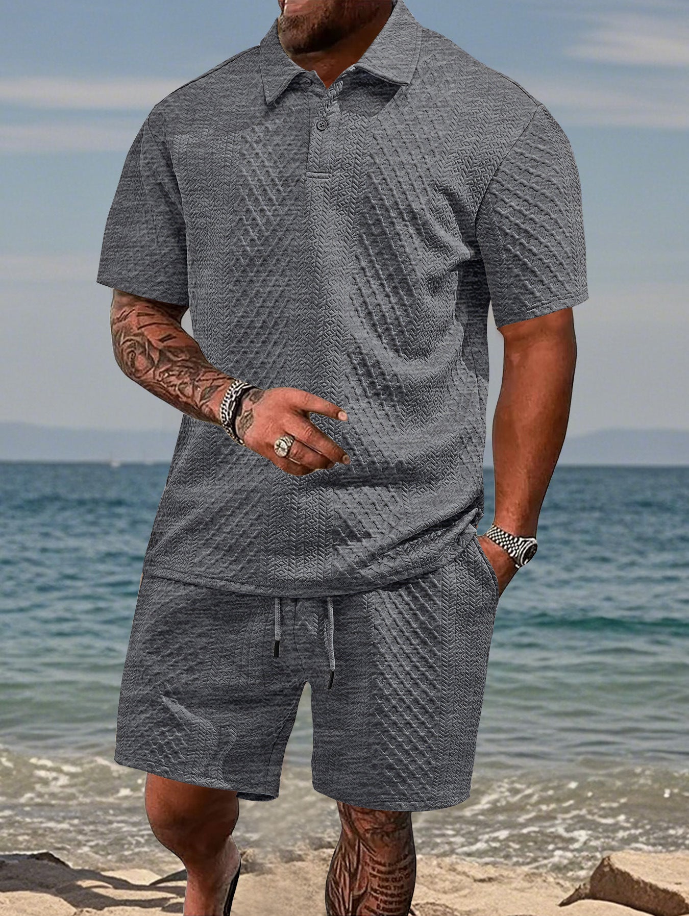 Luca Beaumont | Textured Polo Short Set For Men