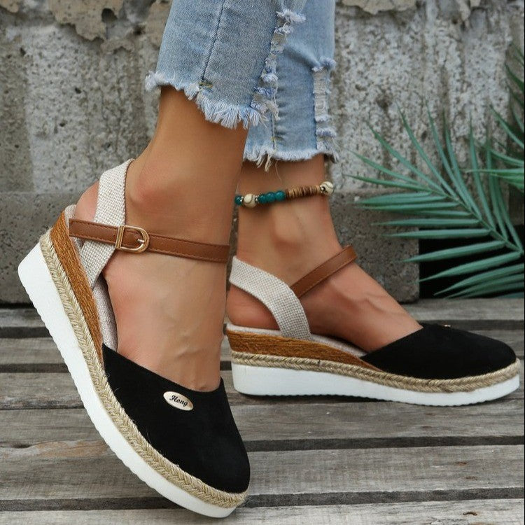 Estelle Marchand | Red Canvas Espadrille Wedge Sandals with Ankle Strap